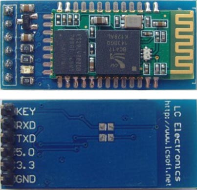 Внешний вид Bluetooth-модуля HC-05, установленного на переходную плату с регулятором напряжения и разъемом для подключения.