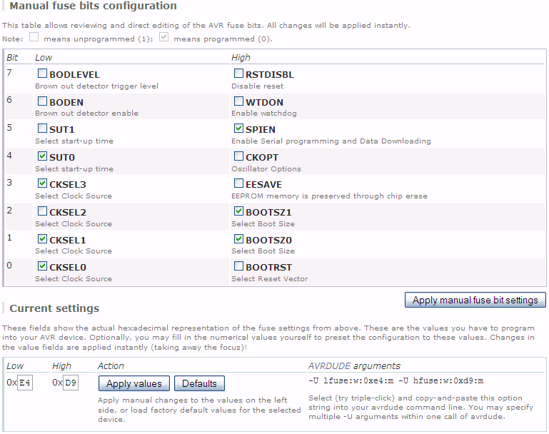 Конфигурация Fuse-битов МК в «калькуляторе Fuse-битов».