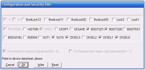 Конфигурация Fuse-битов в программаторе PonyProg.