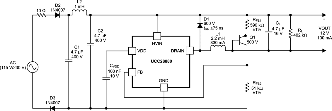  Universal Input, 12-V, 100-mA Output Low-Side Buck