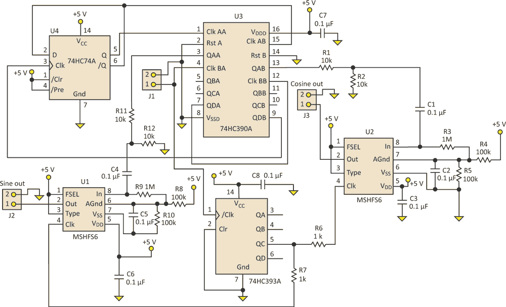 Circuit Generates High-Frequency Sine/Cosine Waves From Square-Wave Input