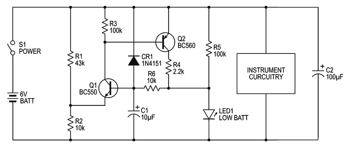 Simple circuit indicates a low battery