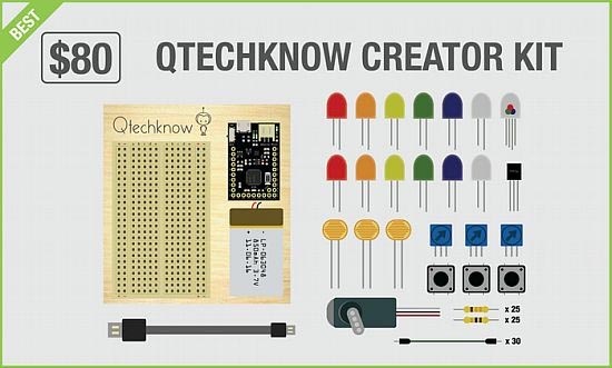 The Creator Kit contains a Qduino, a solder-free proto-board and enough LEDs, sensors, switches and other components