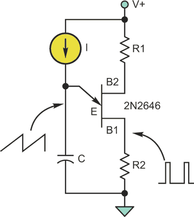 Микроконтроллер имитирует генератор пилообразного напряжения на однопереходном транзисторе