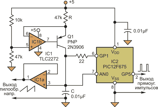 Микроконтроллер имитирует генератор пилообразного напряжения на однопереходном транзисторе