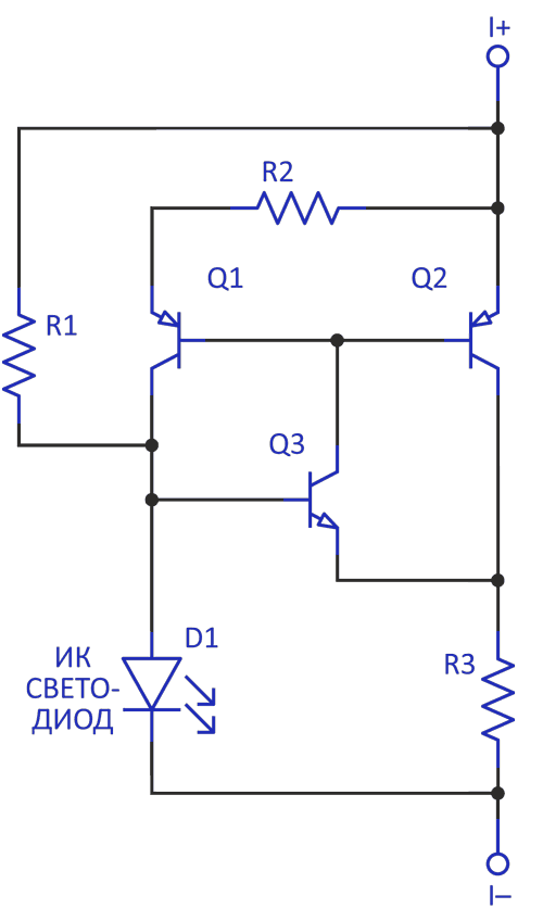 Источник тока с большим диапазоном на трех транзисторах