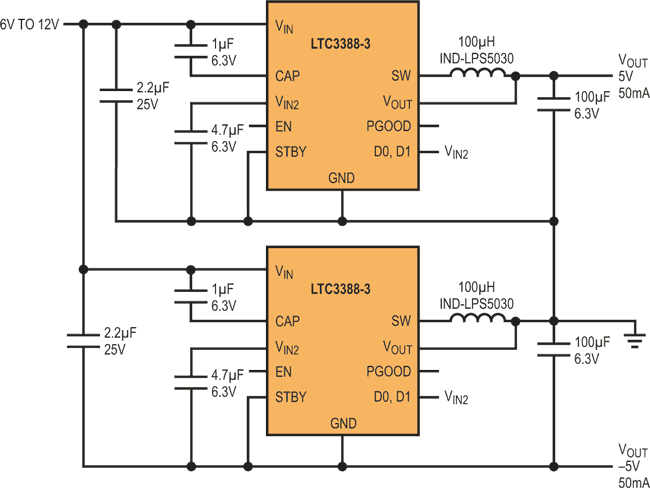 Easy, ±5 V Split-Voltage Power Supply for Analog Circuits Draws Only 720 nA at No Load