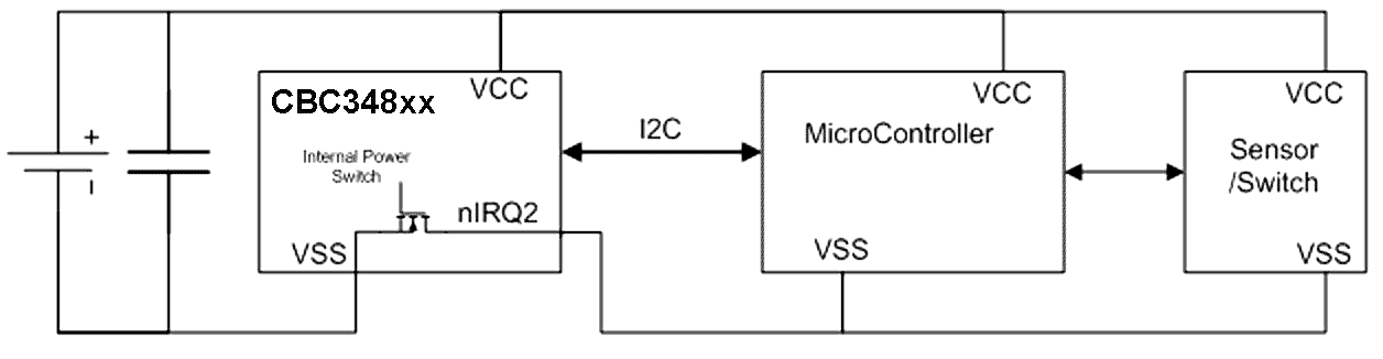 Схема управления питанием микроконтроллера и датчиков устройства с помощью таймера EnerChip. Размыкается земляная шина
