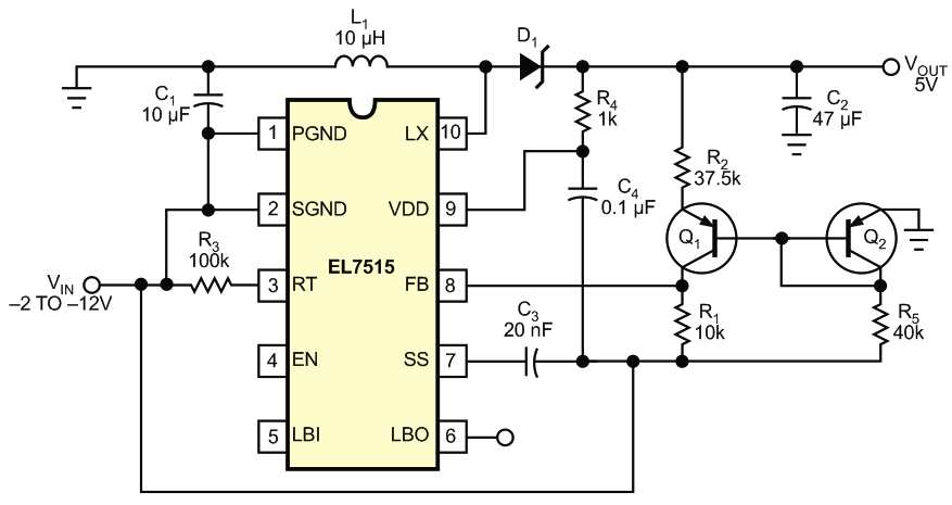 Boost converter works with wide-range negative-input supply