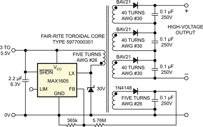 Small, simple, high-voltage supply features single IC