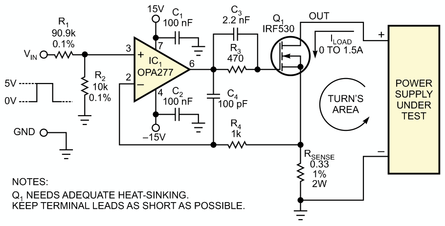 Precision voltage-controlled current sink tests power supplies