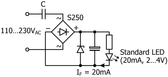 Cost Effective Driving of Standard LEDs from 10VDC up to 110/230VAC with Current Limiting Diodes - Flicker Free!