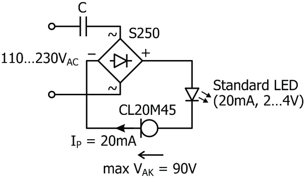 Cost Effective Driving of Standard LEDs from 10VDC up to 110/230VAC with Current Limiting Diodes - Flicker Free!