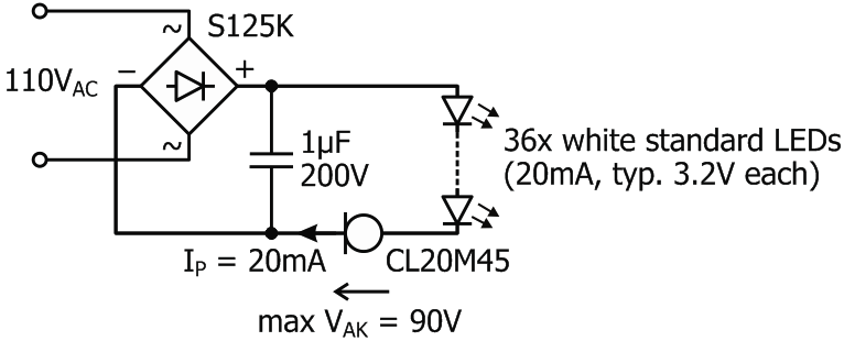 Cost Effective Driving of Standard LEDs from 10VDC up to 110/230VAC with Current Limiting Diodes - Flicker Free!