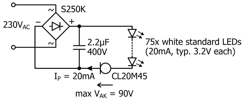 Cost Effective Driving of Standard LEDs from 10VDC up to 110/230VAC with Current Limiting Diodes - Flicker Free!