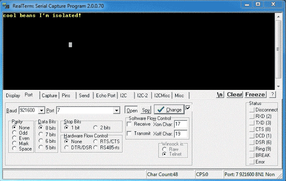 Loopback test of the isolated USB-to-UART converter