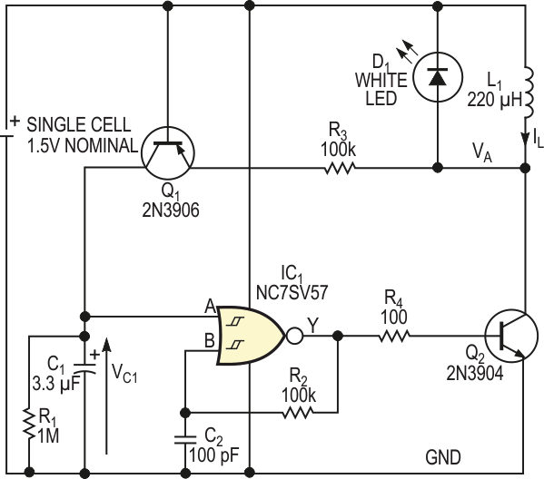 Simplified white-LED flasher operates from one cell