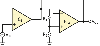 Precision divide-by-two analog attenuator needs no external components