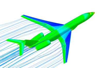 Результаты численного моделирования в FlowVision: внешнее обтекание самолета.