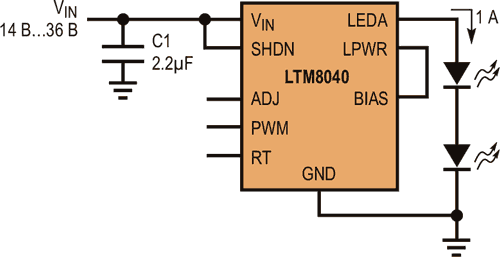 Микромодуль LTM8040 содержит все компоненты, необходимые для драйвера цепочки светодиодов