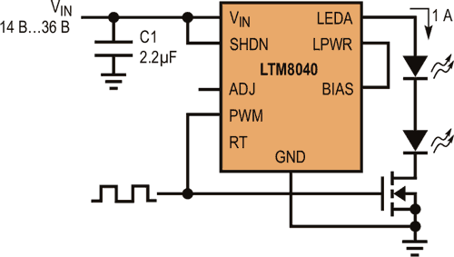 Микромодуль LTM8040 содержит все компоненты, необходимые для драйвера цепочки светодиодов