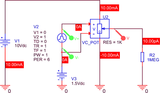 PSpice макромодель управляемого напряжением потенциометра для OrCAD