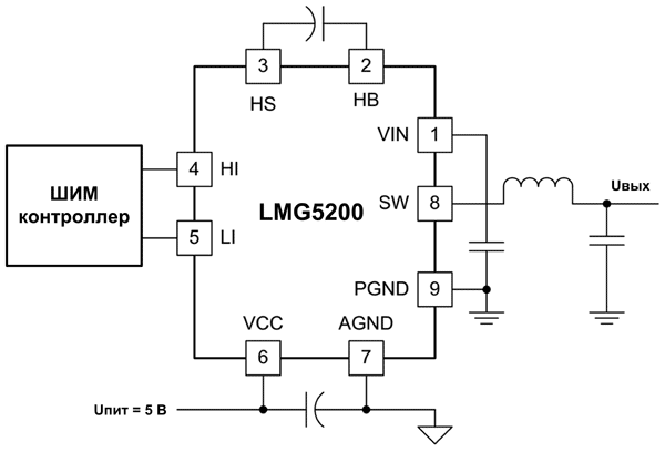 Типовая схема включения силового модуля LMG5200