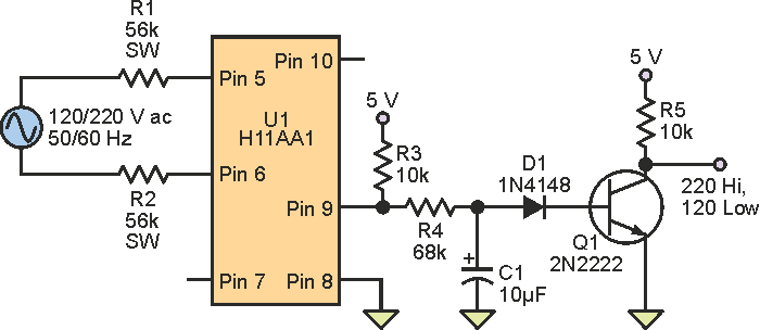 Isolated Circuit Digitally Indicates 120-/220-V Line Voltage