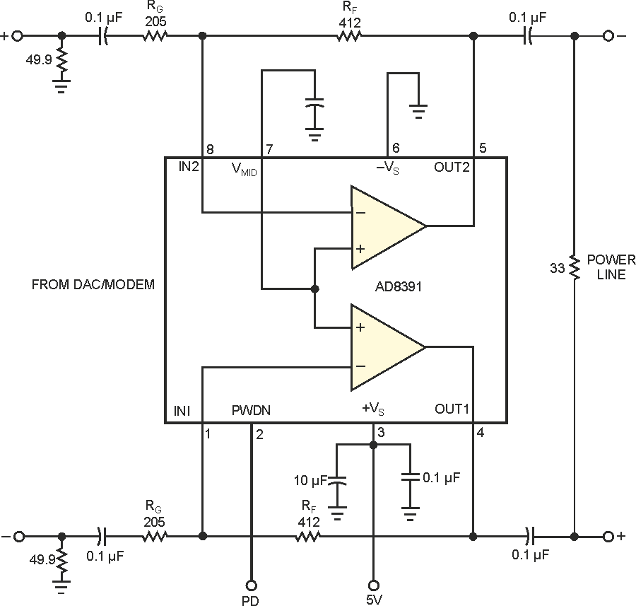 High-current driver serves home-power-line modems