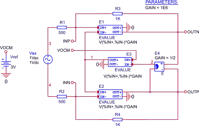 Идеализированная PSpice модель полностью дифференциального операционного усилителя