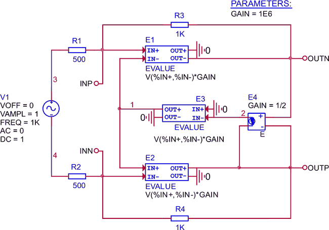 Идеализированная PSpice модель полностью дифференциального операционного усилителя