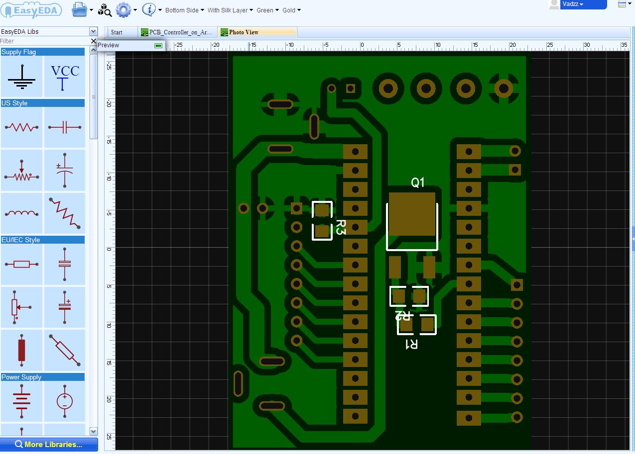 Photo view of the printed circuit board in EasyEDA editor.
