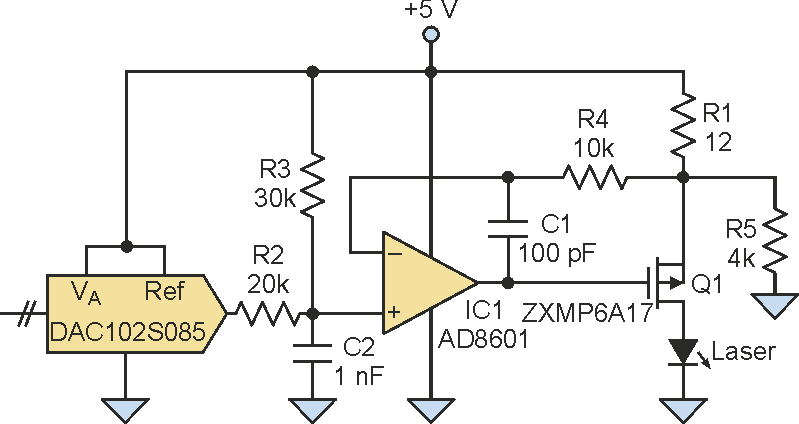 Simple Circuit Drives, Manages Laser Diode's Output