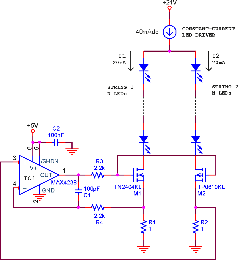 LED strings driven by current source/mirror