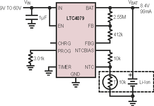 Monolithic Linear Battery Charger Operates from Inputs Up to 60V