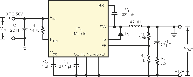 Constant-on-time buck-boost regulator converts a positive input to a negative output