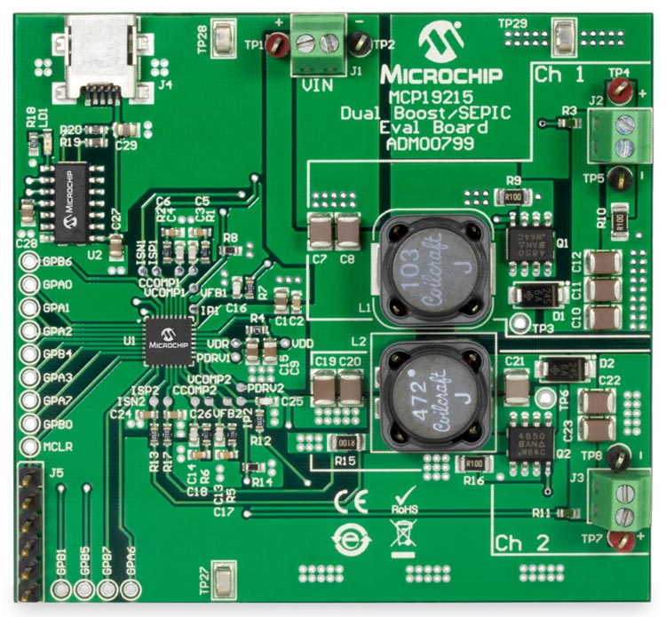 MCP19215 Dual Boost / SEPIC Eval Board (ADM00799)