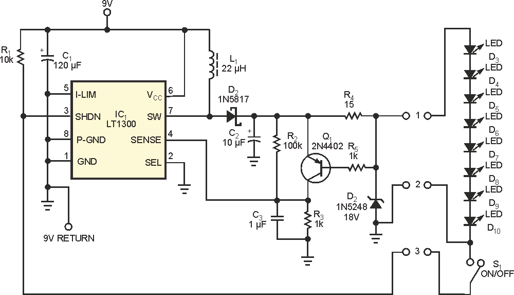 High-side current-sensing switched-mode regulator provides constant-current LED drive