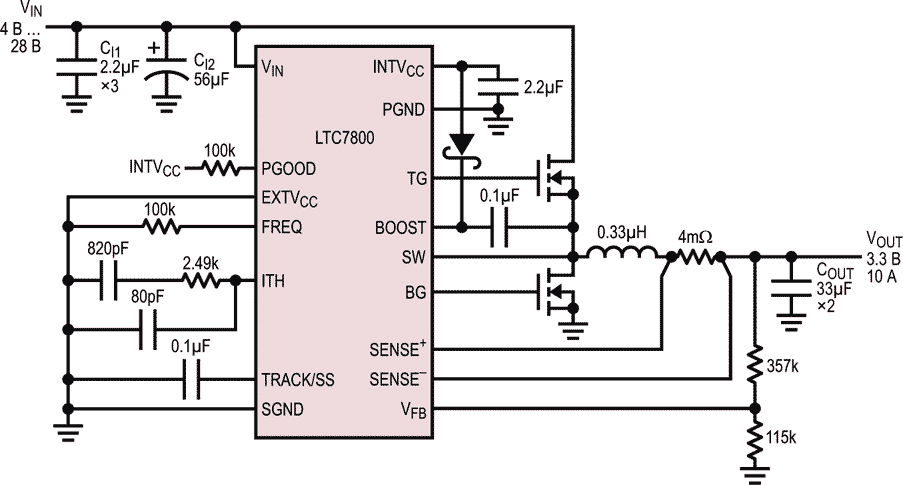 Схема высокоэффективного понижающего преобразователя с выходным напряжением 3.3 В, работающего на частоте 2.1 МГц