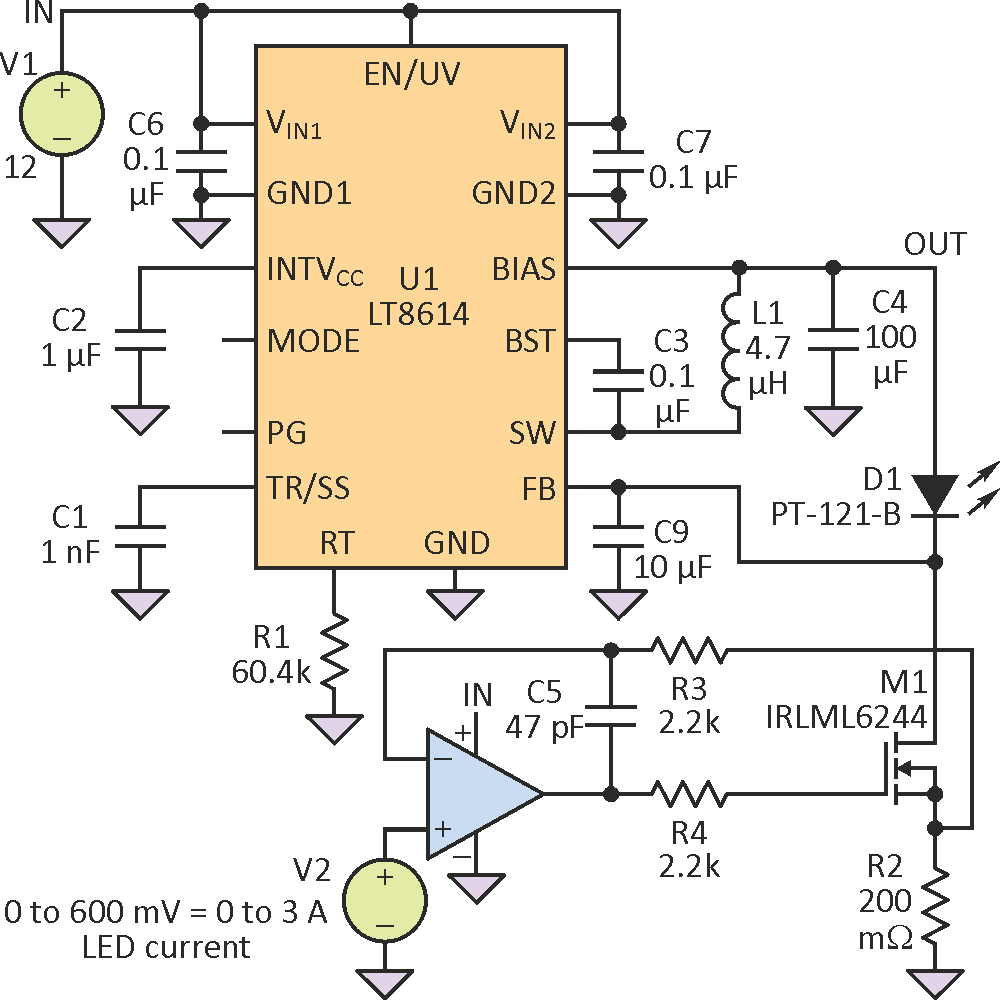 Hybrid Switching/Linear Method Yields LED-Current Controller with Wide Dimming Ratio