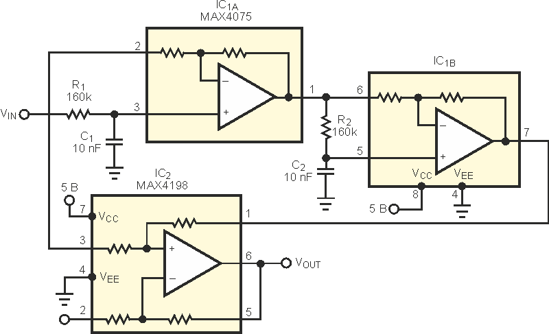 Суммирование входного сигнала VIN с выходным сигналом фазового фильтра на микросхеме IC1 дает результирующий отклик, аналогичный отклику режекторного фильтра.