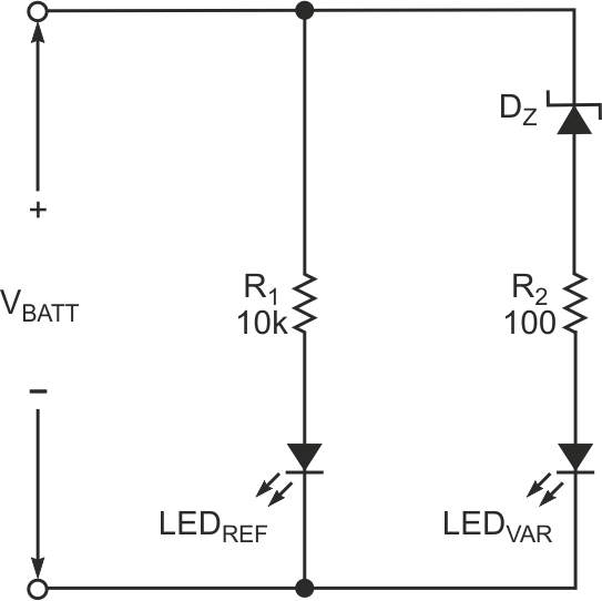 Simple battery-status indicator uses two LEDs