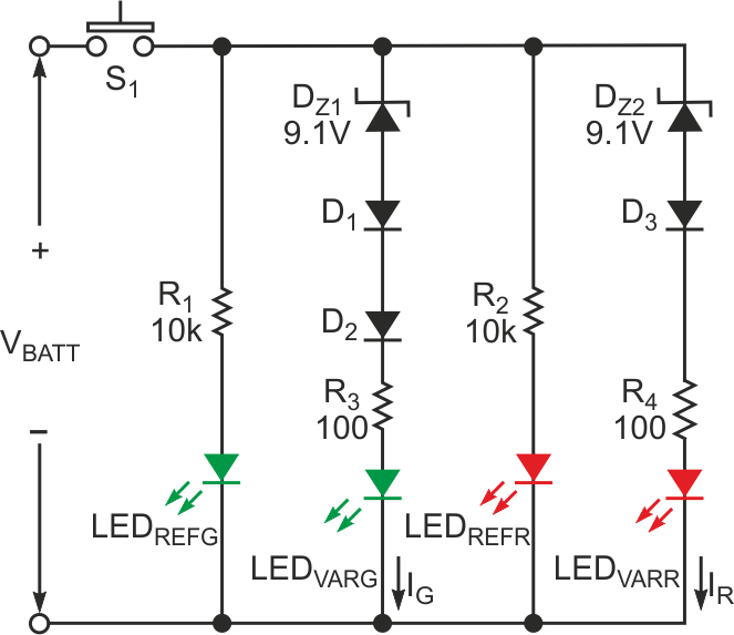 Simple battery-status indicator uses two LEDs