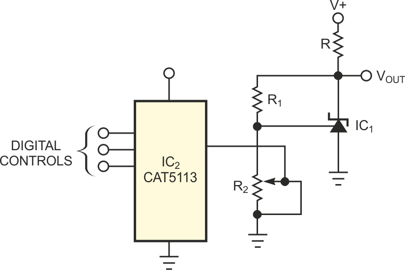 Digital potentiometer programs and stabilizes voltage reference