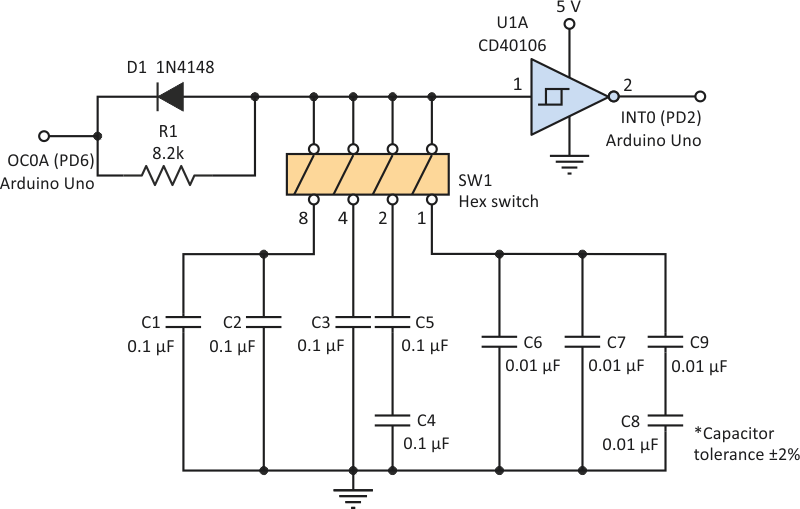 Hex-Switch Decoder Uses Weighted-Capacitor Network to Reduce I/O Pin Count