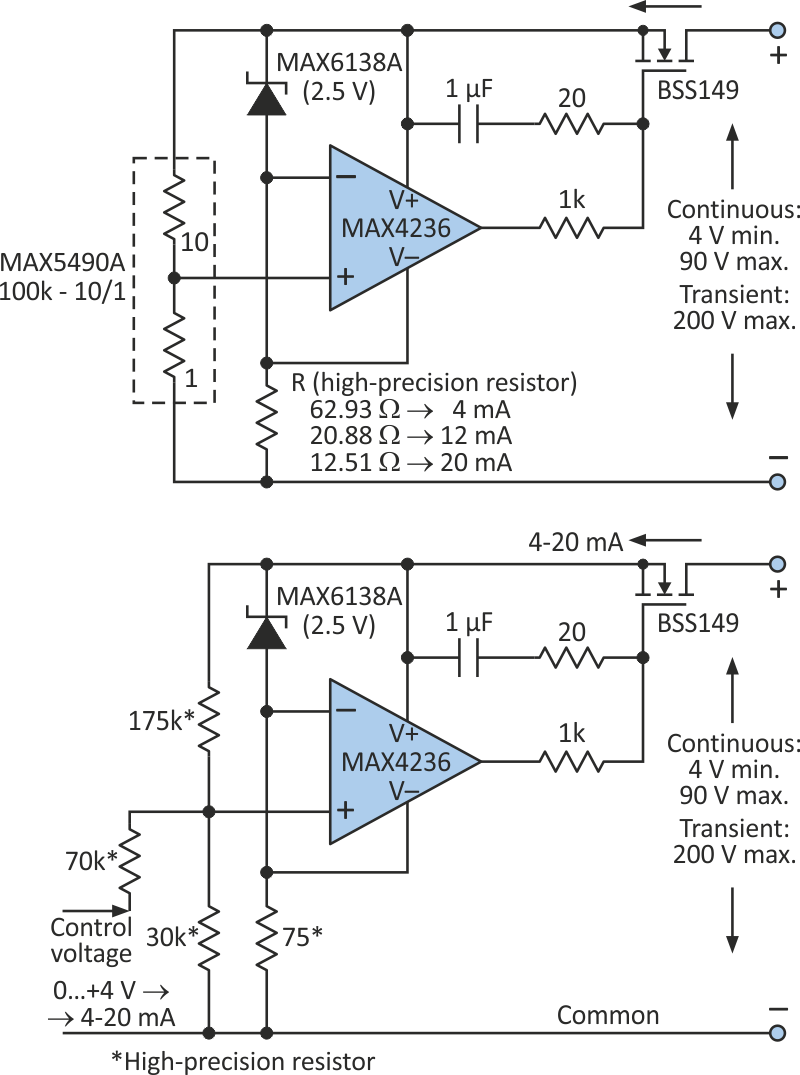 Precise Current-Transmitter/Source-Sink Calibrator Has Wide Compliance Range