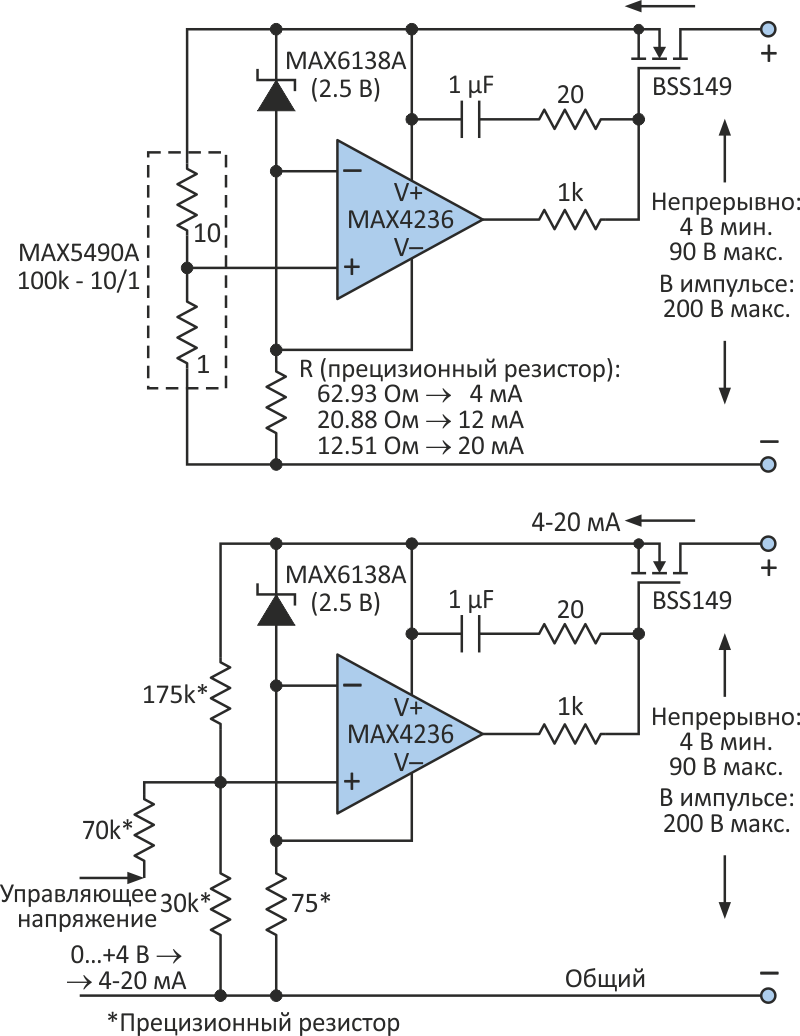 Прецизионный передатчик/калибратор токовой петли с широким диапазоном напряжений питания