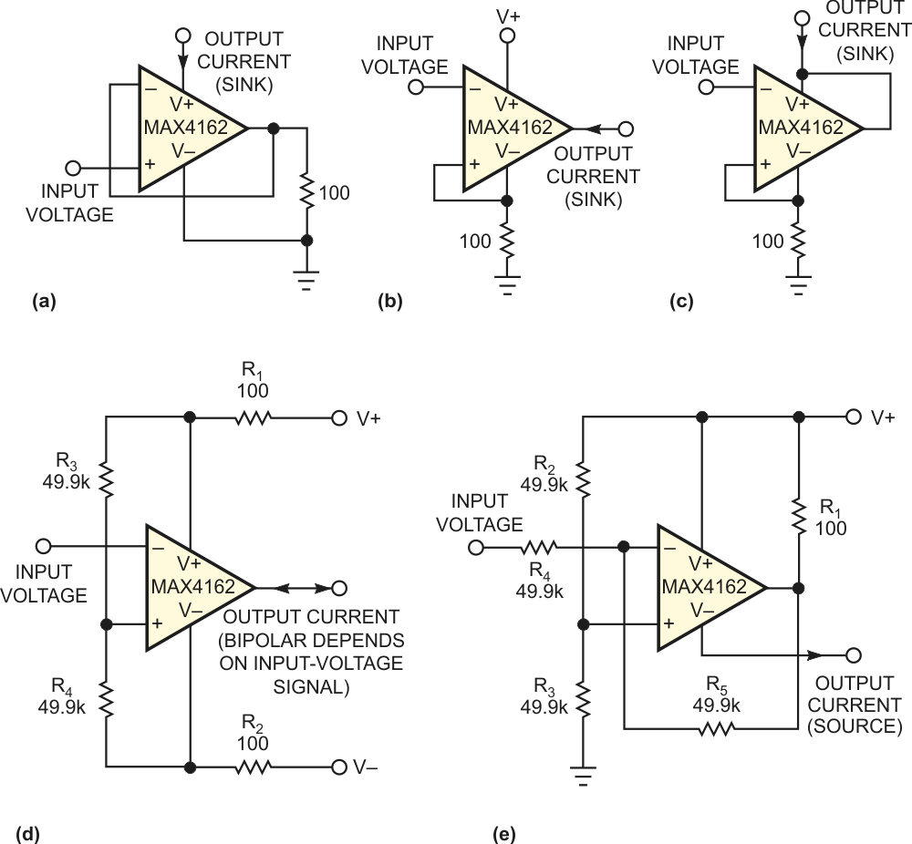 Op-amps connected as high impedance current sinks or sources