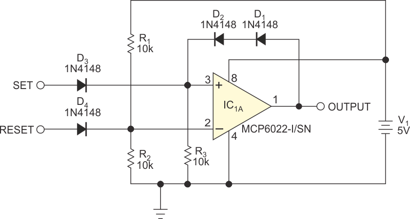Use an Op Amp as a Set/Reset Flip-Flop. Positive feedback and diode steering latch the op amp's output high or low when you apply a positive-going pulse to the set or the reset input