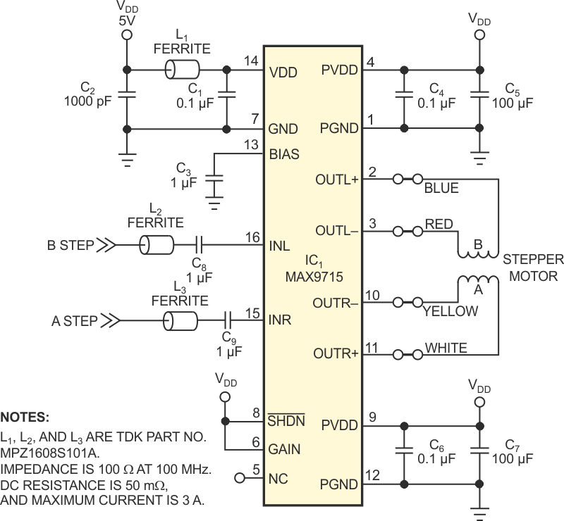 Two-channel audio amplifier drives stepper motor